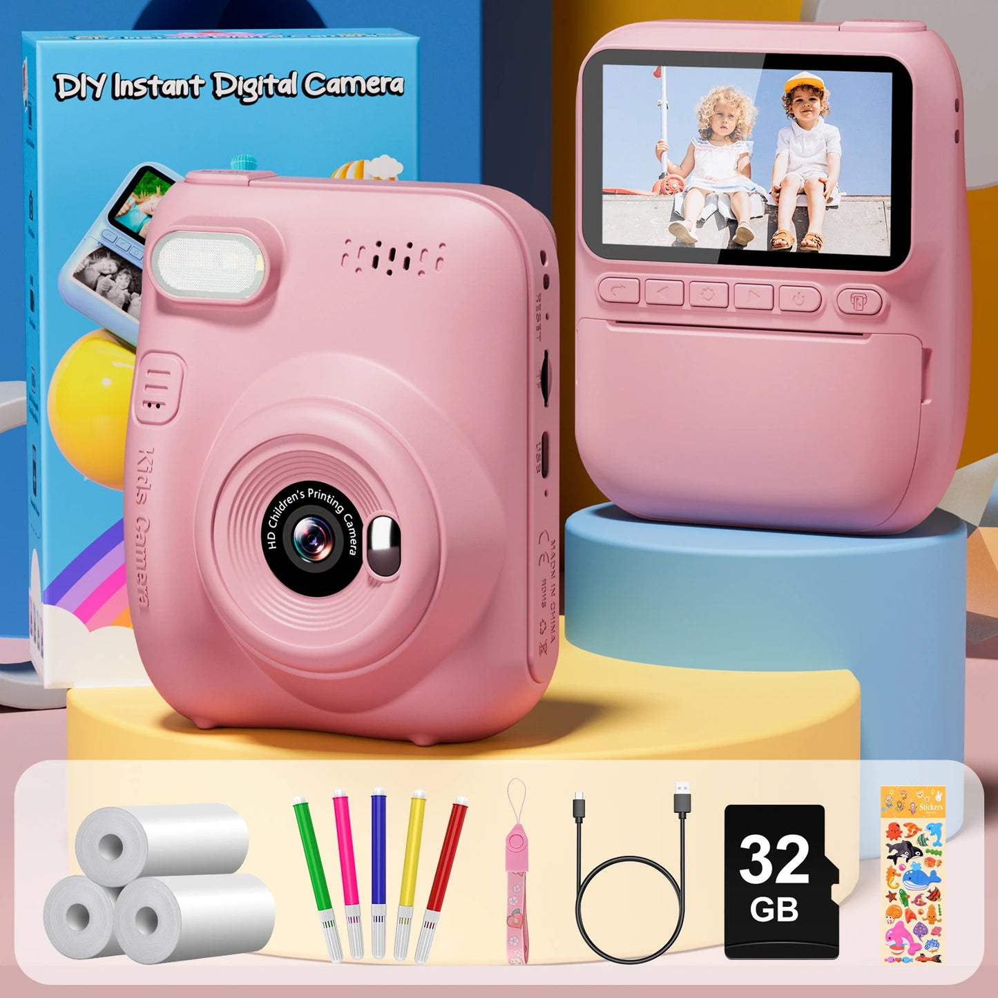 Instant Print Camera for Kids, 3.0" Kids Camera for 6-12 Year, 32MP HD 1080P Digital Camera with 3 Rolls of Printer Paper