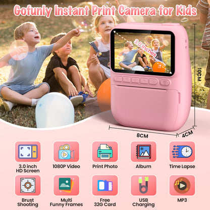 Instant Print Camera for Kids, 3.0" Kids Camera for 6-12 Year, 32MP HD 1080P Digital Camera with 3 Rolls of Printer Paper